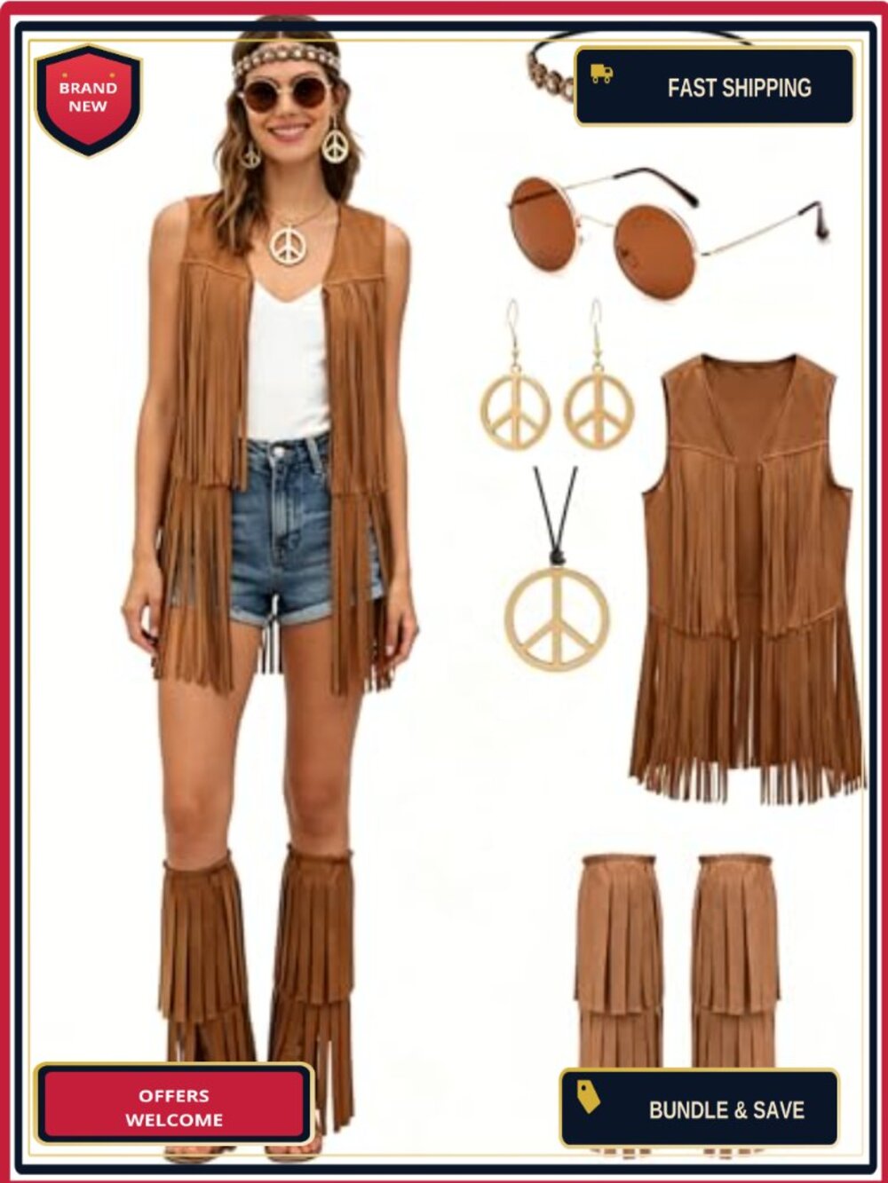 Hippie Costume Set Fringe Vest Boot Covers Accessories 60s 70s Retro Adult Women